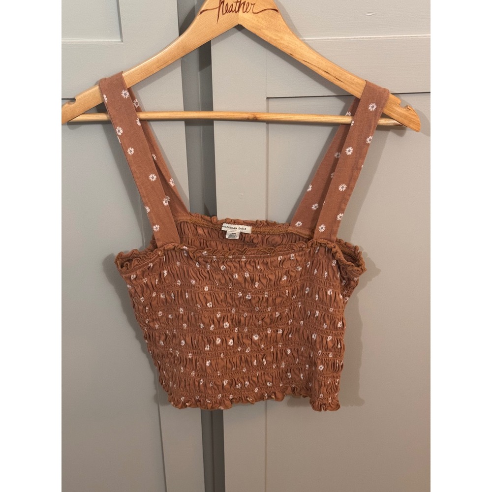 American Eagle Womens Smocked Crop Top Rust Orange Floral‎ Daisy Boho Tank Large